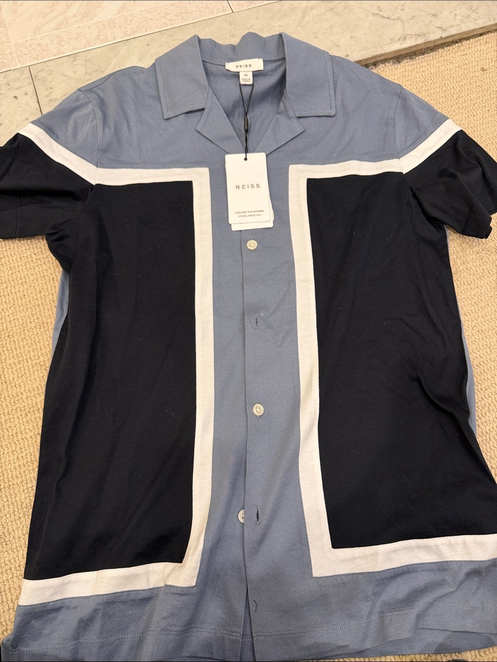 REISS Short-Sleeve Panel Button-Down Shirt in Blue, Black and White